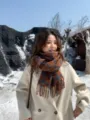 Brown and blue plaid winter scarf with tassel hem, soft and warm accessory for women. - Coffee Blue
