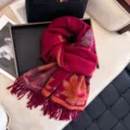 Women winter warm flower jacquard scarf, thick cozy shawl with fringe, detailed view. - Burgundy