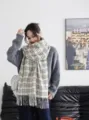Korean style warm black and white plaid scarf with cozy fringe for women winter daily wear. - Crosshatch Grid White & Grey
