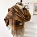 Mujer invierno clasico marron cuadros bufanda, calido largo grueso chal elegante para diario. - Cuadros Café
