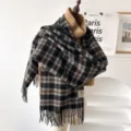 Autumn winter plaid scarf with fringe cozy warm vintage check design for women fashion daily wear. - Black Gingham