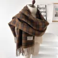 Winter brown plaid scarf for women, warm Korean style tassel neck warmer, vintage fashion accessory. - Dark Brown Plaid