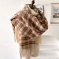 Women's autumn winter plaid scarf classic camel fringe cozy warm neck wrap soft fashion - Khaki Plaid