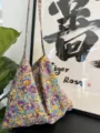 Floral print canvas shoulder bag, vintage style cotton tote bag for daily casual outfits. - Purple Floral