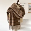 Women's autumn winter brown plaid scarf, cozy fringed neck wrap, warm student style fashion. - Brown Plaid