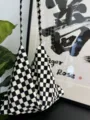 Black and white checkered canvas tote bag, casual daily shoulder bag for women and students. - Black White Grid