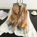 Elegant silk plaid scarf for women, lightweight vintage check design shawl for daily wear. - Camel