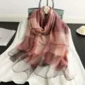 Elegant sheer plaid silk scarf for women, lightweight shawl wrap with subtle metallic threads. - Pink Purple