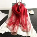 Red embroidered silk wool scarf with floral patterns, elegant accessory for autumn and winter seasons. - Burgundy