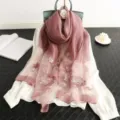Elegant women silk wool scarf with delicate floral embroidery, perfect for autumn season. - Taro Purple / 190cm