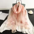 Elegant pink silk wool blended scarf featuring exquisite floral embroidery for autumn winter. - Pink