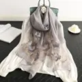 Grey silk wool scarf for women featuring exquisite sequin five-leaf flower embroidery details. - Gray / 190cm
