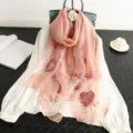 Pink floral embroidered silk wool scarf women shawl elegant accessory for autumn winter season - Pink / 190cm