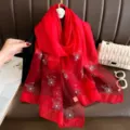 Red rhinestone beaded flower silk scarf shawl elegant evening dress wrap accessory for women - Red