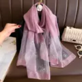 Gradient rhinestone beaded silk scarf shawl, elegant floral design for evening dress. - Purple