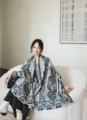 Detailed view of the patterned winter shawl, showcasing exquisite print and soft fabric. - Blue Persian Style