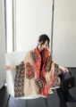 Women Winter Warm Cashmere Feel Floral Print Shawl Scarf Beige Red Elegant Fashionable - Orange Baoxiang Totem