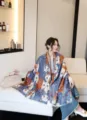 Women autumn winter cat print cashmere feel scarf thick warm oversized fashion shawl wrap - Blue Big-Eyed Cute Cat