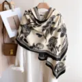 Damen Kaschmirimitat Schal Winter warmer dicker Umhang Vintage Rosen Hahnentritt Mantel Accessoire - Schwarze Rose