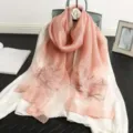 Pink silk scarf with exquisite floral embroidery and sparkling rhinestones for elegant women. - Pink