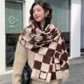 Cozy brown checkered winter scarf with cute bear pattern, warm faux cashmere for women. - Square Bear Coffee