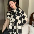 Winter black and white checkered scarf for women, cozy thick cashmere-feel cute bear winter wrap. - Square Bear Black