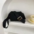 Black knitted crossbody bag with bubble texture and metal buckle for women casual daily wear. - Black