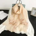 Elegant women's silk embroidered scarf, luxury floral shawl wrap for daily wear. - Nude