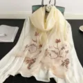 Exquisite silk wool scarf with delicate brown floral embroidery detail, elegant drape and texture. - 190cm / White