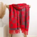 Women thick floral reversible winter scarf shawl red grey core-spun yarn fringe drape wrap - Red