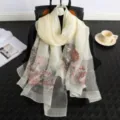 Elegant mulberry silk long scarf featuring exquisite floral embroidery for women spring autumn. - White