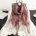 Elegant mulberry silk wool scarf with gold grid pattern, stylish dusty pink women shawl. - Taro Purple