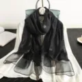 Elegant black silk wool scarf with metallic gold geometric pattern for women stylish shawl - Black