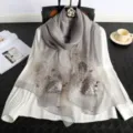 Grey embroidered silk scarf for women, elegant long mulberry silk scarf for spring autumn. - Gray