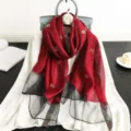Detailed view of women's silk wool scarf, red and black grid embroidery fashion shawl. - Burgundy