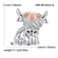 Highland cow brooch detail showing dimensions 3.7x3.6cm and weight 11.1g metal pin accessory. - Silver