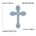 Legierung Strass Kreuz Brosche Detail mit Abmessungen, Größe 4.5x3.3cm, Gewicht 5.9g. - Silber-K Blau Stil (6050-BL) / Silber-Blau