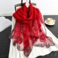 Red silk wool embroidered scarf for women elegant floral shawl and sun protection wrap - Burgundy