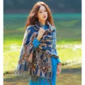Ethnischer Stil Damen Winter warmer Schal Fransen Retro Muster lässig Outdoor Mode Umhang - Blumenpracht - Blau / 200cm