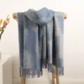 Blue grey double sided feather pattern cashmere scarf with warm tassels for women winter style - Light Grey Blue