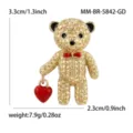 Gold teddy bear brooch with red heart, crystal studded alloy fashion lapel pin jewelry. - Gold