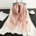 Elegant pink striped silk wool scarf with gold thread embroidery for women spring autumn fashion. - Light Pink