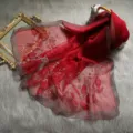 Red silk embroidered scarf detail showcasing exquisite mulberry silk shawl with silver trim. - Burgundy / Above 185cm