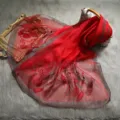 Red mulberry silk embroidered scarf with metallic border, elegant wrap for spring. - Red / Above 185cm