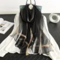 Schwarzer und gold gestreifter Seide Wolle Schal, elegante Damen Herbst Winter Stola. - Schwarz