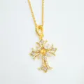 Close-up detail of a vintage gold-plated cross pendant necklace with sparkling zirconia stones. - Pendant Only (No Chain) / Empty Setting / Gold
