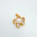 Detailed close-up of the elegant gold-plated pearl flower pendant with sparkling rhinestone details. - Flower-Small-Gold-Pendant (Freshwater Pearl) / Without Chain