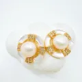 Exquisite gold-plated geometric pearl earrings with mother-of-pearl and sparkling rhinestones. - White Shell Earrings - Gold / Natural Pearl
