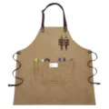 Canvas multi-pocket work apron with leather straps, ideal for gardeners and baristas. - Khaki