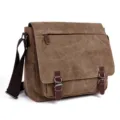 Mens casual canvas messenger bag with brown leather buckle flap and adjustable shoulder strap - 15 Inch / Coffee